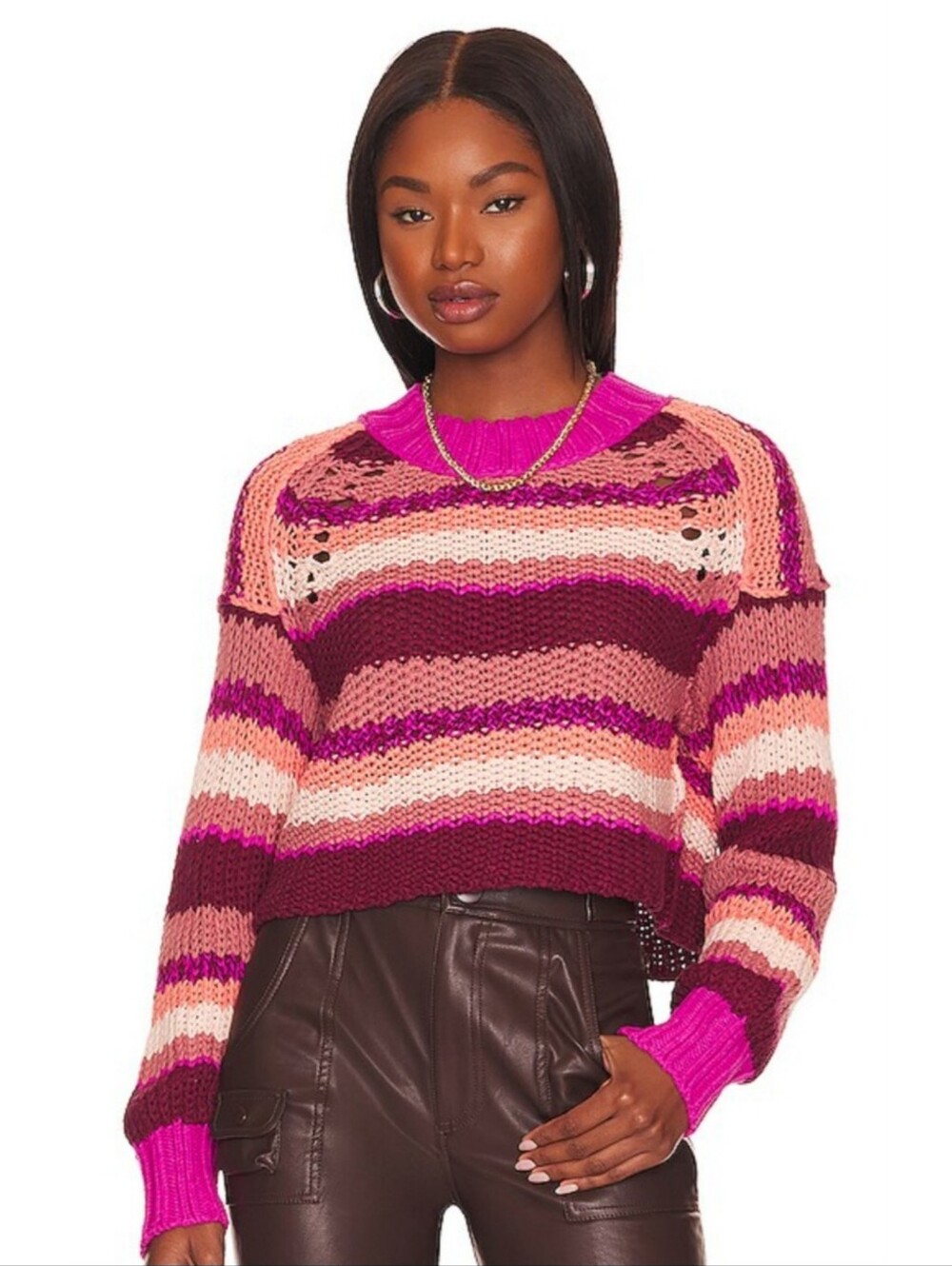 Free People Devon Striped Sweater Fuschia Rose Combo Cropped Length